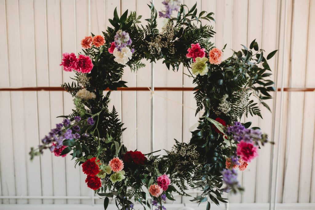 flowers hanging from a ceiling