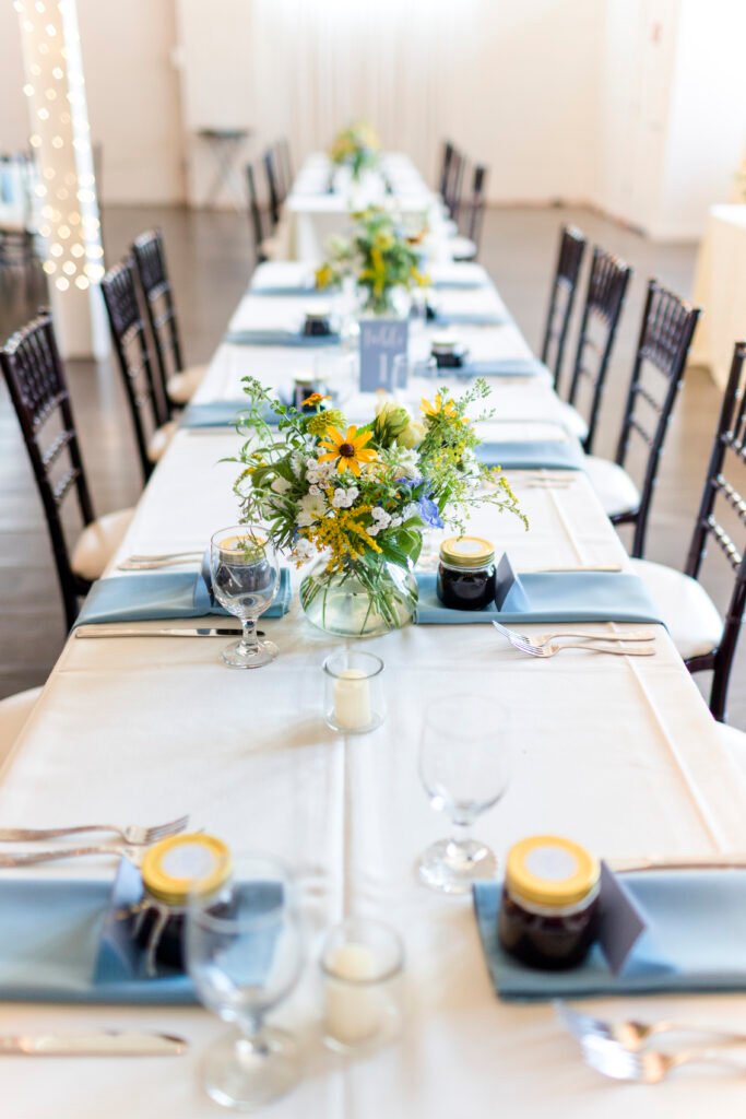 blue and white wedding table setting