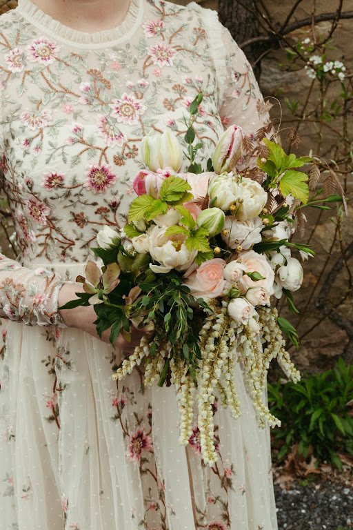 Bride holding flowers.