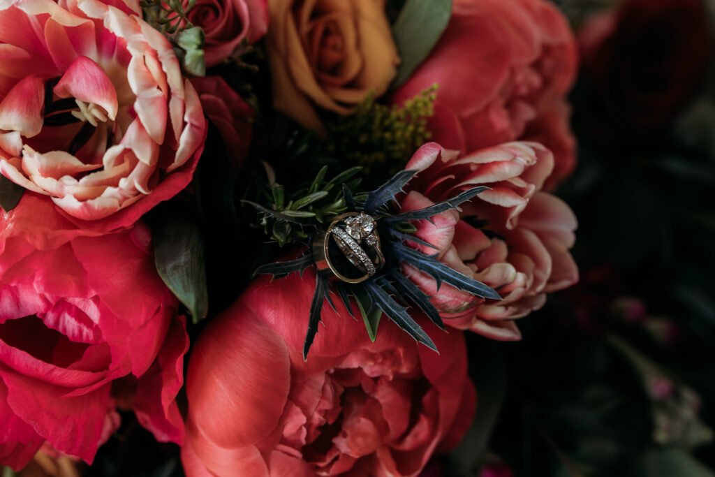 Farm-grown tulips and peonies in a bright wedding bouquet for a spring wedding at Valley View Farm, Haydenville MA