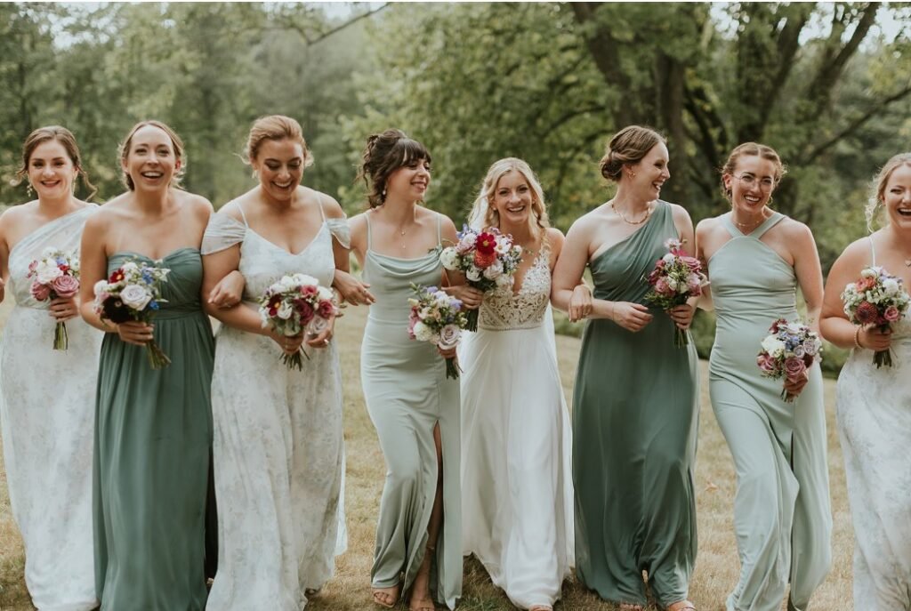 Bride and bridesmaids at a summer wedding, Fruitlands Museum.