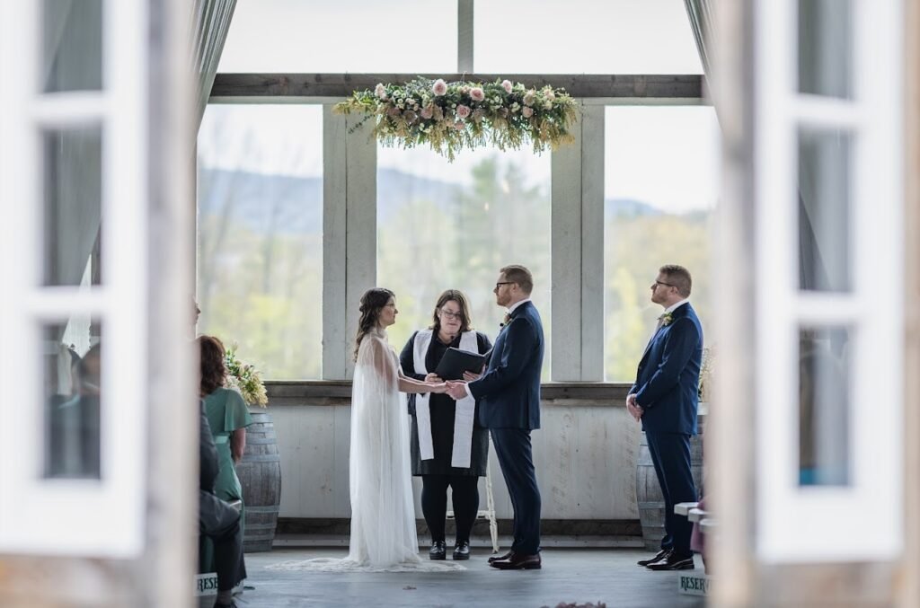 Bride and groom getting married, pavilion, Valley View Farm Haydenville MA